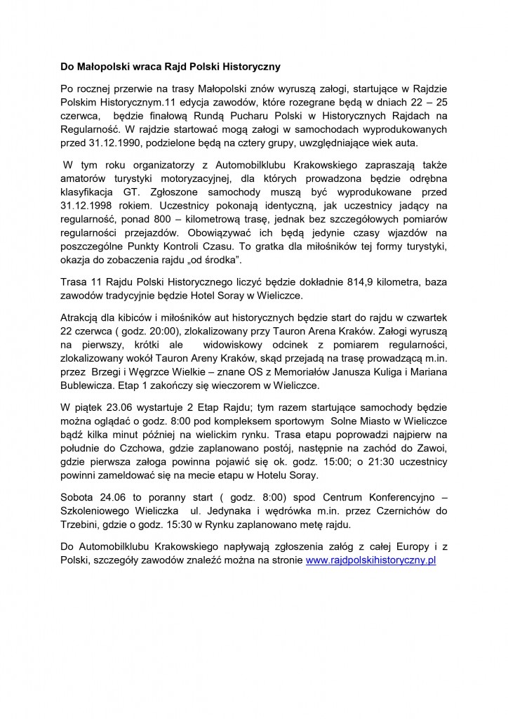 Do Małopolski wraca Rajd Polski Historyczny